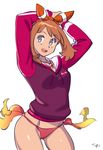  :d arms_up bangs bow breasts brown_hair cowboy_shot eyebrows_visible_through_hair grey_eyes hair_bow hairband hands_together haruka_(pokemon) jacket long_sleeves looking_at_viewer medium_breasts open_mouth panties pink_jacket pokemon pokemon_(game) pokemon_oras red_panties side-tie_panties signature simple_background smile solo standing typo_(requiemdusk) underwear white_background 