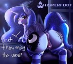  2017 anatomically_correct anatomically_correct_pussy animal_genitalia animal_pussy anus blush butt clitoris clothing cutie_mark dialogue dock english_text equine equine_pussy feathered_wings feathers female feral friendship_is_magic hair horn legwear mammal my_little_pony open_mouth princess_luna_(mlp) pussy pussy_juice saliva solo striped_legwear stripes text tongue whisperfoot winged_unicorn wings 