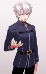  belt command_spell cowboy_shot dark_persona fate/grand_order fate_(series) fujimaru_ritsuka_(male) gradient gradient_background grey_hair long_sleeves looking_at_viewer male_focus red_eyes simple_background solo tenobe 