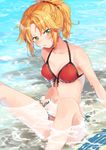  bad_id bad_pixiv_id bare_shoulders bikini blonde_hair blush braid breasts collarbone commentary diffraction_spikes eyebrows_visible_through_hair eyes_visible_through_hair fate/grand_order fate_(series) front-tie_bikini front-tie_top green_eyes hair_ornament hair_scrunchie highres kuroko_(krgm965) long_hair looking_at_viewer medium_breasts mordred_(fate)_(all) mordred_(swimsuit_rider)_(fate) navel open_mouth partially_submerged ponytail red_bikini red_scrunchie scrunchie shiny shiny_hair side-tie_bikini sitting solo surfboard swimsuit water wet 