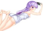  2drr absurdres ass bare_legs barefoot blush breasts eyebrows_visible_through_hair handheld_game_console highres long_hair looking_at_viewer lying medium_breasts new_game! on_stomach purple_eyes purple_hair soles solo suzukaze_aoba the_pose 