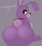 2014 ? acstlu animatronic anthro big_butt bonnie_(fnaf) breasts butt crossgender dark featureless_breasts female five_nights_at_freddy&#039;s grey_background hi_res lagomorph looking_back machine mammal presenting pussy rabbit red_eyes robot simple_background solo video_games 