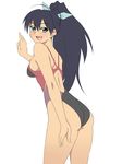  :d ass back black_hair blue_eyes blush breasts fang ganaha_hibiki highres idolmaster idolmaster_(classic) kagemusha long_hair looking_at_viewer medium_breasts one-piece_swimsuit open_mouth ponytail simple_background smile solo swimsuit white_background 