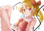  bangs bare_legs black_panties black_ribbon blonde_hair bobu_(bovyo222) breasts flandre_scarlet hair_ribbon legs_up long_hair looking_at_viewer panties reclining red_eyes red_ribbon ribbon simple_background small_breasts solo touhou underwear white_background wings 