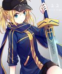  ahoge alternate_hairstyle artoria_pendragon_(all) bangs baseball_cap black_scarf black_shorts blonde_hair blue_eyes dated fate_(series) hair_between_eyes hand_up hat holding holding_sword holding_weapon mysterious_heroine_x rojiura_satsuki:_chapter_heroine_sanctuary scarf shorts sidelocks sleeves_past_elbows solo sword twintails weapon yimu 