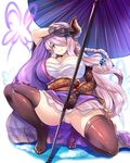  black_gloves black_legwear blue_eyes blush braid breasts bug butterfly closed_mouth commentary_request draph elbow_gloves full_body gloves granblue_fantasy hair_ornament hair_over_one_eye hinata_sora horns insect japanese_clothes katana kimono large_breasts lavender_hair long_hair looking_at_viewer narmaya_(granblue_fantasy) obi open_clothes open_kimono oriental_umbrella pointy_ears sarashi sash side_braid sidelocks single_braid single_elbow_glove smile solo squatting sword thighhighs umbrella very_long_hair weapon wide_sleeves 