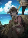  animal animal_hug backpack bag black_hair blue_eyes blue_sky commentary_request day feathers hat highres japari_bus kaban_(kemono_friends) kemono_friends nanana_(nanana_iz) ocean pantyhose red_shirt serval shirt shorts sky 