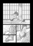  1girl admiral_(kantai_collection) ass bare_back breasts butt_crack clothed_sex comic cowgirl_position dimples_of_venus feet girl_on_top greyscale hakama_skirt halftone hetero high_ponytail highres holding_foot houshou_(kantai_collection) kantai_collection monochrome nipples norakura_(nr_kura) partially_undressed pillow pleated_skirt rain sex silent_comic skirt sliding_doors small_breasts soles straddling topless 