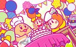  apron balloon bandana bandana_waddle_dee banner birthday_cake blowing blush_stickers bow bowl bowtie cake candle chef_hat chef_kawasaki commentary_request dutch_angle food glass_bowl hat icing king_dedede kirby_(series) mask meta_knight multiple_boys no_humans official_art pastry_bag robe sweat table tablecloth trembling waddle_dee whisk 