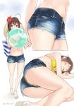  ahoge ama_mitsuki arms_behind_back ass ball bare_legs beachball bikini bikini_under_clothes blurry breasts bright_pupils brown_hair closed_eyes cutoffs dated denim denim_shorts depth_of_field flower full_body hair_flower hair_ornament hat hibiscus kantai_collection looking_at_viewer lying midriff multiple_views navel purple_eyes sandals shigure_(kantai_collection) short_shorts shorts simple_background small_breasts straw_hat swimsuit upshorts white_background white_pupils yellow_bikini 