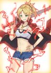  absurdres blonde_hair breasts clarent cleavage commentary_request cowboy_shot cutoffs denim denim_shorts eyebrows eyebrows_visible_through_hair fang fate/apocrypha fate_(series) green_eyes hand_on_hip highres jacket_on_shoulders midriff mordred_(fate) mordred_(fate)_(all) navel short_shorts shorts small_breasts smile solo xaio_b 