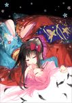  akemi_homura bangs black_feathers black_hair blue_kimono bow closed_eyes eyebrows_visible_through_hair fingernails floral_print flower hair_bow hakusai_(tiahszld) highres holding_hands interlocked_fingers japanese_clothes kaname_madoka kimono long_hair looking_at_viewer lying mahou_shoujo_madoka_magica multiple_girls nail_polish on_back on_stomach open_eyes pink_bow pink_eyes pink_hair pink_nails red_kimono sash yuri 