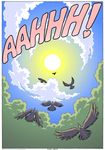  2016 avian beak bird black-feather blue_sky comic feathers flying forest geminisaint hi_res screaming sky sun sunlight tree 