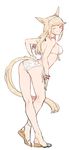  ;) animal_ears arched_back ass bad_id bad_pixiv_id bangle bangs bare_legs bikini blonde_hair bracelet breasts closed_mouth facial_mark final_fantasy final_fantasy_xiv full_body hairband hand_on_hip hand_on_own_thigh highres jewelry jionghai leaning_forward long_hair looking_at_viewer looking_back medium_breasts miqo'te one_eye_closed sandals side-tie_bikini sideboob simple_background smile solo standing strap_gap swept_bangs swimsuit tail white_background white_bikini 
