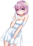  bare_shoulders breasts bridal_gauntlets cleavage dress fate/grand_order fate_(series) flower gloves hair_flower hair_ornament hand_up highres katou_shinobu looking_at_viewer mash_kyrielight medium_breasts purple_eyes purple_hair see-through smile solo standing white_dress white_gloves 