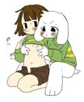  anthro asriel_dreemurr blush bottomless breast_fondling breasts caprine chara_(undertale) child clothed clothing clothing_lift cub cute female fondling from_behind_(disambiguation) fur goat hand_on_breast human human_on_anthro interspecies japanese_text male male/female mammal nipples penis semi shirt shirt_lift sitting text uncut undertale video_games white_fur young 