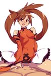  1boy 1girl artist_name bare_shoulders breasts brown_eyes brown_hair china_dress chinese_clothes clothed_female clothed_sex detached_sleeves dress girl_on_top guilty_gear hair_ornament kuradoberi_jam lowres sex skirt small_breasts very_long_hair 