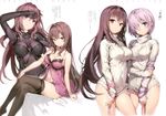  absurdres anmi arm_ribbon arm_up babydoll bangs black_legwear blush bodysuit breasts brown_hair cleavage commentary_request covered_navel crossed_legs dress fate/grand_order fate_(series) hair_over_one_eye hand_on_own_forehead highres huge_filesize lace lace-trimmed_thighhighs large_breasts lingerie long_hair looking_at_viewer mash_kyrielight medium_breasts multiple_girls naked_sweater negligee no_shoes purple_eyes purple_hair red_eyes ribbed_sweater ribbon scathach_(fate)_(all) scathach_(fate/grand_order) short_hair simple_background sleeves_past_wrists smile standing sweater sweater_dress thighhighs thighs turtleneck turtleneck_sweater underwear very_long_hair white_background white_sweater 