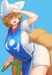  absurdres arched_back arm_at_side arm_up blonde_hair blue_background blush breasts chanta_(ayatakaoisii) dress eyebrows_visible_through_hair fox_tail hat highres holding holding_hose hose huge_breasts leaning_forward multiple_tails open_mouth orange_eyes pillow_hat see-through short_dress short_hair short_sleeves simple_background slit_pupils solo standing sweat tabard tail touhou wet wet_clothes white_dress wide_sleeves yakumo_ran 