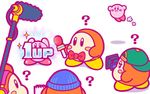  ? backwards_hat baseball_cap beanie blush_stickers boom_microphone bow bowtie commentary flying hat jitome kirby kirby_(series) microphone no_humans notepad official_art simple_background video_camera waddle_dee white_background 