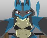  anthro blue_fur bra breasts canine chest_tuft clothing female female_on_top first_person_view fur looking_at_viewer lucario mammal nintendo on_top pinned pok&eacute;mon red_eyes restluck simple_background smile solo tuft underwear video_games 