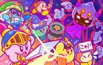  bangs beanie bespectacled blunt_bangs blush_stickers bob_cut bow bowtie commentary_request fangs flask flying_sweatdrops glasses gloves hammer hat helmet kirby kirby_(series) no_humans notepad official_art scared silk spider_web staff sword taranza team_kirby_clash_deluxe trembling waddle_dee weapon white_gloves wizard_hat 