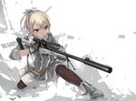  alternate_costume bipod blonde_hair bolt_action check_translation full_body girls_frontline gloves gun highres long_hair pantyhose ponytail red_eyes rifle russian scope shell_casing snow solo suppressor sv-98 sv-98_(girls_frontline) translated translation_request weapon xie_yizhen 
