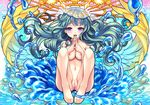  anus blue_hair blush breasts commentary_request eyelashes feet hands_together long_hair looking_at_viewer medium_breasts monster_strike navel nipples nude open_mouth purple_eyes pussy raphael_(monster_strike) sitting solo uncensored v-mag water wings 