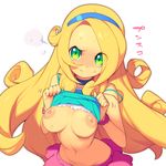  areolae bangs blonde_hair blush breasts camisole choker curly_hair frown green_eyes hairband haley_(stardew_valley) inverted_nipples large_areolae long_hair looking_at_viewer medium_breasts metata navel nipples perky_breasts puffy_nipples scrunchie shirt_lift skirt stardew_valley strap_slip sweat swept_bangs very_long_hair wrist_scrunchie 
