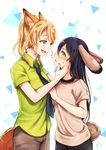  animal_ears ayase_eli black_pants blonde_hair blue_eyes blue_neckwear blush breasts brown_eyes bunny_ears bunny_tail cosplay diagonal_stripes fox_ears fox_tail green_shirt grey_shirt hand_on_another's_face height_difference highres judy_hopps judy_hopps_(cosplay) long_hair looking_at_another looking_at_viewer love_live! love_live!_school_idol_project medium_breasts motion_lines multiple_girls nail_polish necktie nick_wilde nick_wilde_(cosplay) open_mouth pants pink_nails profile purple_hair shirt short_hair short_sleeves sonoda_umi standing striped striped_neckwear suito tail white_background wing_collar yuri zootopia 
