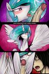  2014 bestiality black_hair blush comic dialogue dragk duo english_text equine eyes_closed feathered_wings feathers female feral friendship_is_magic fur hair hi_res horn human human_on_feral interspecies male male/female male_on_feral mammal multicolored_hair my_little_pony penis princess_celestia_(mlp) purple_eyes text tongue tongue_out white_fur winged_unicorn wingjob wings 