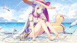  anklet azur_lane bad_id bad_pixiv_id barefoot beach bikini bird breasts cleavage cloud cloudy_sky cygnet_(azur_lane) day feet flower frilled_bikini frills hat hat_ribbon highres innertube jewelry large_breasts lei long_hair maya_g ocean outdoors pink_eyes purple_eyes ribbon rubber_duck seagull silver_hair sitting sky solo straw_hat sun_hat swimsuit toes very_long_hair water 