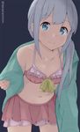  aqua_eyes aqua_jacket bad_id bad_pixiv_id banned_artist bikini bikini_skirt blue_background bow collarbone cowboy_shot eromanga_sensei frilled_bikini_top frilled_skirt frills hair_over_shoulder hood hoodie izumi_sagiri jacket leaning_forward long_hair looking_at_viewer navel open_clothes open_hoodie pink_bikini_top pink_skirt silver_hair skirt smile solo swimsuit tasora twitter_username undressing yellow_bow 