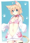  :o absurdres ahoge animal_ears artist_name bell bell_choker black_legwear blonde_hair blue_eyes blush bra breasts cat_ears cat_tail character_request choker cleavage cowboy_shot highres hood hood_down hooded_sweater jingle_bell long_sleeves low_ponytail navel open_mouth original paw_print pink_bra ponytail scan signature sleeves_past_wrists small_breasts solo sweater tail takehana_note thighhighs underwear unzipped zipper 