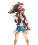  baseball_cap black_hair blue_shorts breasts collarbone denim denim_shorts exposed_pocket floating_hair green_eyes hand_on_hip hat hat_over_one_eye highres holding holding_poke_ball kamihitoe long_hair looking_at_viewer medium_breasts open_mouth poke_ball poke_ball_(generic) pokemon pokemon_(game) pokemon_bw ponytail shirt short_shorts shorts simple_background solo standing torn_clothes torn_shorts touko_(pokemon) white_background white_shirt wrist_cuffs 
