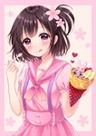  :3 bangs blouse blush bob_cut bunny closed_mouth commentary_request crepe flower food food_on_face food_wrapper fruit hair_flower hair_ornament heat high-waist_skirt holding holding_spoon licking_lips looking_at_viewer neckerchief one_side_up original pink_background pink_blouse pink_eyes pink_flower pink_neckwear pink_sailor_collar pink_serafuku pink_skirt polka_dot puffy_short_sleeves puffy_sleeves sailor_collar sakura_hiyori school_uniform serafuku shiny shiny_hair short_hair short_sleeves skirt solo spoon strawberry suspender_skirt suspenders tongue tongue_out upper_body 