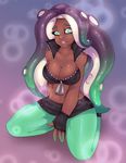  2017 abstract_background animal_humanoid bare_shoulders beauty_mark breasts cephalopod cheezayballz cleavage clothed clothing collarbone dark_skin eyebrows eyelashes female fingerless_gloves gloves green_eyes horizontal_pupils humanoid kneeling looking_at_viewer marina_(splatoon) marine midriff nintendo not_furry octoling octopus open_mouth solo splatoon teeth tentacle_hair tentacles video_games zipper 