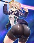  :/ ahoge artoria_pendragon_(all) ass bad_anatomy bike_shorts black-framed_eyewear blonde_hair breasts closed_mouth commentary_request cowboy_shot excalibur fate/grand_order fate_(series) from_behind glasses gym_uniform hair_between_eyes hinata_sora holding holding_sword holding_weapon long_sleeves looking_at_viewer looking_back medium_breasts mysterious_heroine_x_(alter) name_tag open_track_jacket semi-rimless_eyewear solo sword twisted_torso v-shaped_eyebrows weapon yellow_eyes 