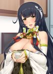  ahoge anchor areola_slip areolae bare_shoulders black_hair blush breasts cleavage cup cupboard darkmaya detached_sleeves eyebrows_visible_through_hair fingernails green_eyes hair_ornament holding holding_cup indoors kantai_collection large_breasts lips long_hair mizuho_(kantai_collection) open_mouth sleeves_past_wrists solo television_screen upper_body 