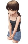  black_shirt blue_shirt breasts brown_eyes brown_hair cleavage collarbone commentary_request cowboy_shot hands_together low_twintails original ranma_(kamenrideroz) shirt short_hair short_twintails simple_background small_breasts solo tank_top twintails v_arms white_background 