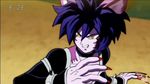  1girl animal_ears black_choker black_clothes cat_ears claws crop_top dragon_ball dragon_ball_super female furry highres hop_(dragon_ball) long_sleeves monster_girl purple_hair purple_skin screencap short_hair smile solo spiked_hair spikes yellow_eyes 