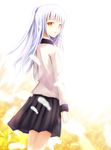  angel_beats! black_skirt high_ponytail long_hair looking_at_viewer looking_back parted_lips pleated_skirt sakura_ani shirt silver_hair simple_background skirt solo standing tenshi_(angel_beats!) white_background white_feathers white_shirt yellow_eyes 