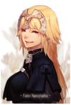  blonde_hair blue_eyes duto fate/apocrypha fate_(series) flower grin highres jeanne_d'arc_(fate) jeanne_d'arc_(fate)_(all) long_hair looking_at_viewer smile solo 