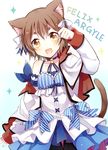  :3 :d animal_ears black_legwear blue_background blush brown_eyes brown_hair capelet cat_ears cat_tail character_name collarbone commentary_request fang felix_argyle gradient gradient_background hand_up looking_at_viewer male_focus open_mouth otoko_no_ko pantyhose re:zero_kara_hajimeru_isekai_seikatsu short_hair smile solo sparkle tail thick_eyebrows yimu 