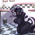  2017 anthro anthrofied areola breasts ear_piercing equine female glowing hair horn inside kevinsano kneeling lactating long_hair looking_at_viewer magic mammal milk my_little_pony nightmare_rarity_(idw) nipples nude open_mouth piercing solo straw sundae tongue unicorn 