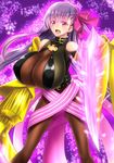  1girl bare_shoulders breasts brown_legwear cleavage collar fate/extra fate/extra_ccc fate_(series) female gauntlets hair_ornament hair_ribbon highres long_hair no_pants o-ring open_mouth pantyhose passion_lip purple_eyes purple_hair ribbon solo standing takecha very_long_hair weapon 
