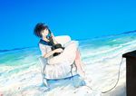  antique_telephone barefoot black_hair blue_eyes blue_sky chair day dress dutch_angle highres looking_at_viewer mountain ocean original outdoors parted_lips phone raichi_(ryouraichi) reclining rotary_phone sailor_collar shore short_hair short_sleeves sky slouching soaking_feet solo water wet wet_clothes white_dress 