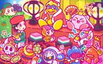  5boys adeleine arms_up axe_knight_(kirby) beamed_eighth_notes bird black_hair blush_stickers bush closed_eyes commentary drumsticks eighth_note elline_(kirby) flute food fruit hinamatsuri hishimochi instrument javelin_knight jealous jitome kirby kirby_(series) mace_knight mask meta_knight motion_lines multicolored_hair multiple_boys multiple_girls musical_note official_art penguin pink_hair ponytail quarter_note robot saishi short_hair sitting smile smock strawberry susie_(kirby) sweatdrop taiko_drum taiko_sticks tears trident_knight video_camera waddle_dee 