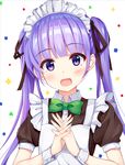  :d alternate_costume apron bangs blunt_bangs blush bow bowtie enmaided eyebrows_visible_through_hair eyelashes green_bow green_neckwear hair_ribbon hands_clasped long_hair maid maid_apron maid_headdress new_game! open_mouth own_hands_together pasdar puffy_short_sleeves puffy_sleeves purple_eyes purple_hair ribbon shiny shiny_hair short_sleeves simple_background smile solo suzukaze_aoba tareme twintails upper_body white_apron white_background wrist_cuffs 