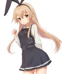  alternate_costume anchor_hair_ornament artist_name asashio_(kantai_collection) asashio_(kantai_collection)_(cosplay) belt black_hairband black_ribbon blonde_hair brown_eyes cosplay cowboy_shot dress hair_ornament hairband kantai_collection long_hair nuno_(pppompon) pinafore_dress ribbon school_uniform shimakaze_(kantai_collection) simple_background solo standing white_background 